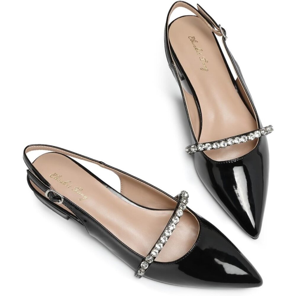 WomenBlack Patent Polyurethane (PU) Rhinestone Pointed Toe Slingback Flats Shoes